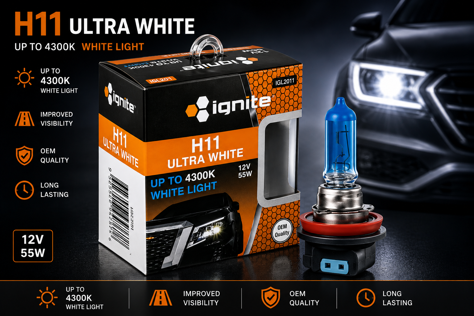 PAIR H11 4300K HALOGEN GLOBES 12V 55W PGJ19-2 TWIN BOX
